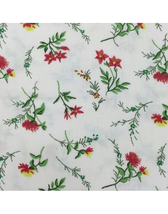 Tela patchwork blanca flores rojas verdes y amarillas 