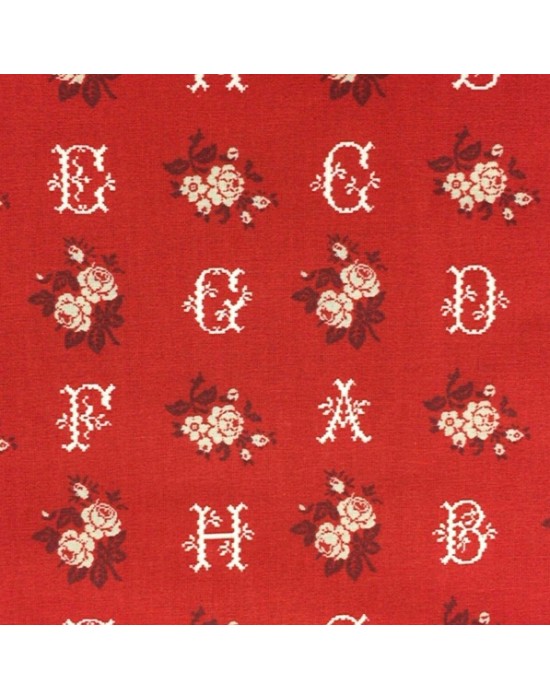 Tela patchwork roja con letras y flores - 10 x 114 cm Tela patchwork roja con letras y flores - 10 x 114 cm