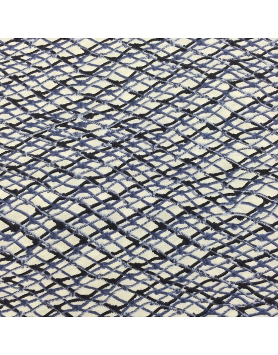Tela patchwork blanca con un rayado en azules simulando redes - 10 x 114 cm