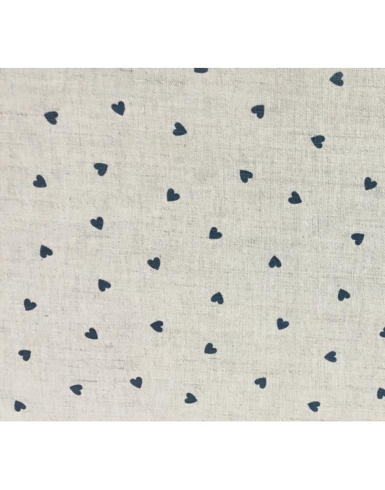 Tela lino liso natural con corazones azules- 10 x 160 cm